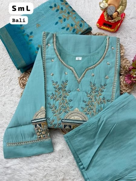 Trendy Sky Blue Roman Silk  Straight-cut Kurti With Hand Embroidery And Zari   Straight Cut Long Kurtis