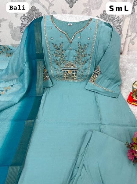 Trendy Sky Blue Roman Silk  Straight-cut Kurti With Hand Embroidery And Zari   Straight Cut Long Kurtis