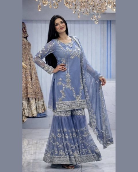 Trendy Steel Blue Pure German Chinon Kurti Sharara Set with Embroidery Sequence Work and Dupatta Ready to wear  Ready To Wear Suit