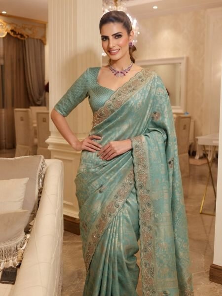 Trendy Teal Blue Connect Saree with Cutdana Beads and Sequin Butta at Wholesale Rate 