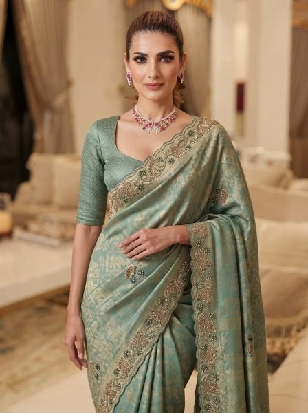 Trendy Teal Blue Connect Saree with Cutdana Beads and Sequin Butta at Wholesale Rate Silk Sarees Wholesale