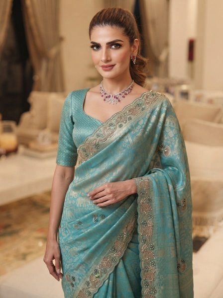 Trendy Teal Blue Connect Saree with Cutdana Beads and Sequin Butta at Wholesale Rate Silk Sarees Wholesale