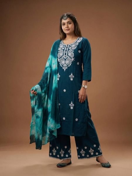 Trendy Teal Blue Rayon Cotton Chicken Kari Style Embroidered Kurti Set at Manufacturer  