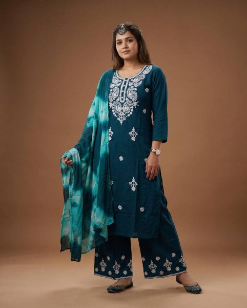 Trendy Teal Blue Rayon Cotton Chicken Kari Style Embroidered Kurti Set at Manufacturer  Embroidery Kurtis 