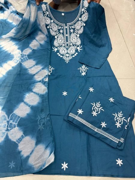 Trendy Teal Blue Rayon Cotton Chicken Kari Style Embroidered Kurti Set at Manufacturer  Embroidery Kurtis 