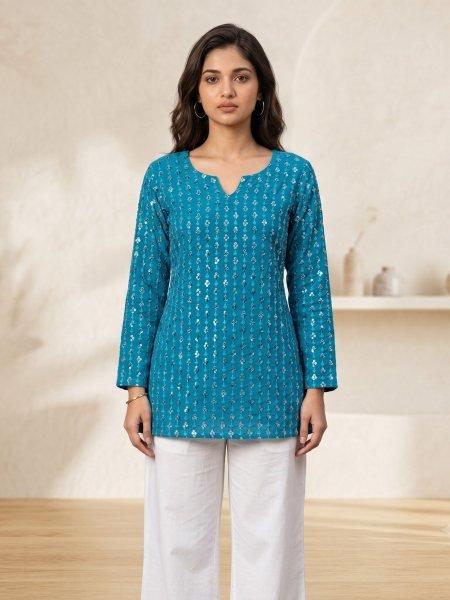 Trendy Teal Blue Short Georgette soft and lightweight Kurti for Women Kurtis