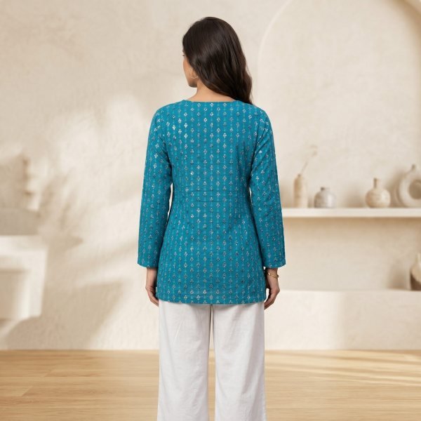 Trendy Teal Blue Short Georgette soft and lightweight Kurti for Women Full Set Kurti