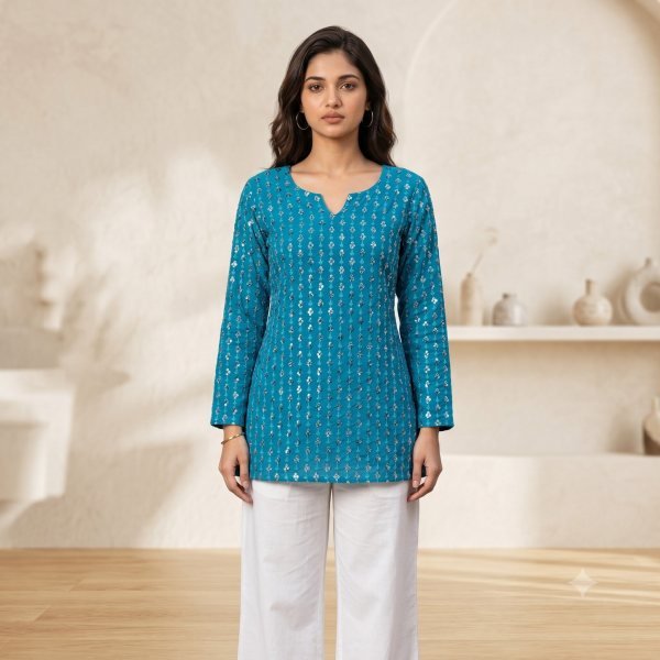 Trendy Teal Blue Short Georgette soft and lightweight Kurti for Women Full Set Kurti