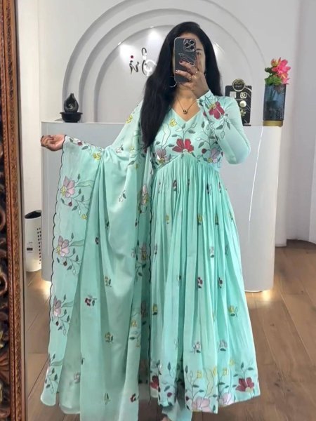 Embroidered Fox Georgette Gown with Flowy Silhouette Party Ready Look Kurtis