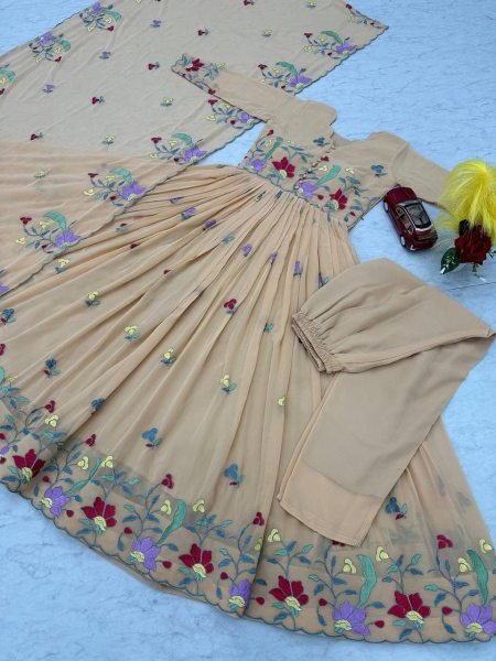 Trendy Thread Work Gown Set in Fox Georgette Dupatta and Pant Included Georgette Kurti 