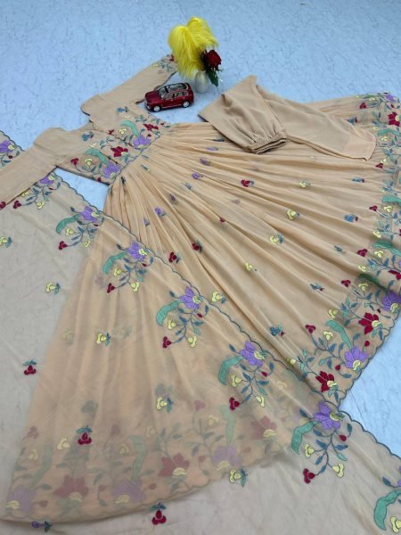 Trendy Thread Work Gown Set in Fox Georgette Dupatta and Pant Included Georgette Kurti 
