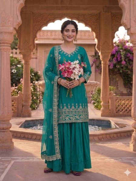 Trendy Trad Peacock Teal Top And Lehenga With 5mm Sequence Embroidery And Net Fancy Lees Dupatta Ready To Wear Collection