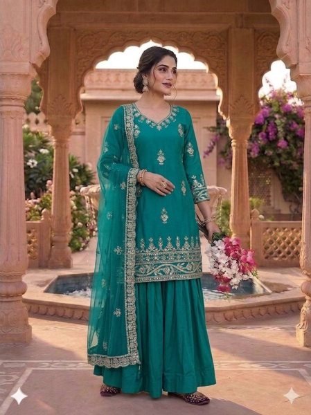 Trendy Trad Peacock Teal Top And Lehenga With 5mm Sequence Embroidery And Net Fancy Lees Dupatta Ready To Wear Collection