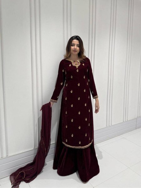 Trendy Velvet Sequence Embroidered Suit with Matching Plazzo and Georgette Dupatta at  Manufacturer Rate 