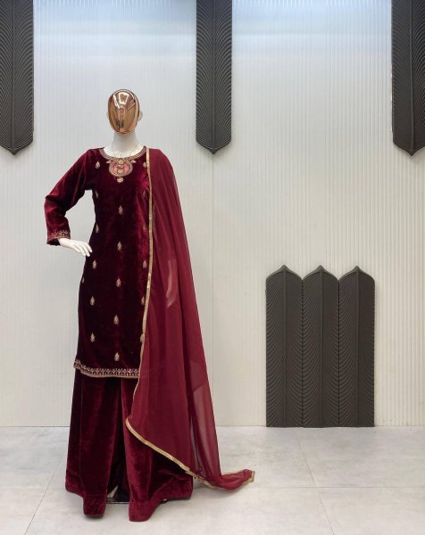 Trendy Velvet Sequence Embroidered Suit with Matching Plazzo and Georgette Dupatta at  Manufacturer Rate Ready To Wear Collection