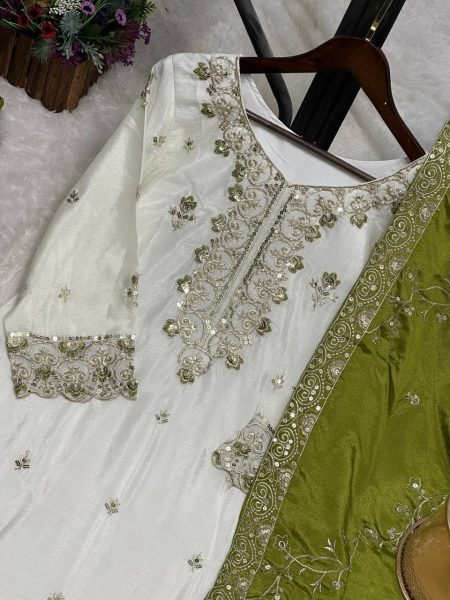 Trendy White Green Pakistani Pure Chinon Silk Embroidered Top Sharara Dupatta Set Ready To Wear Collection