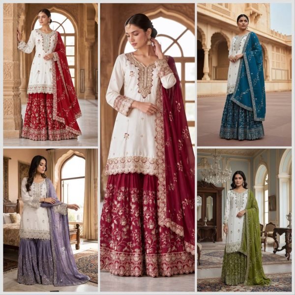 Trendy White Green Pakistani Pure Chinon Silk Embroidered Top Sharara Dupatta Set Ready To Wear Collection