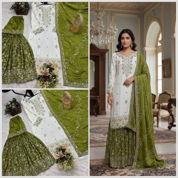 Trendy White Green Pakistani Pure Chinon Silk Embroidered Top Sharara Dupatta Set Ready To Wear Collection