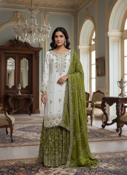 Trendy White Green Pakistani Pure Chinon Silk Embroidered Top Sharara Dupatta Set Ready To Wear Collection