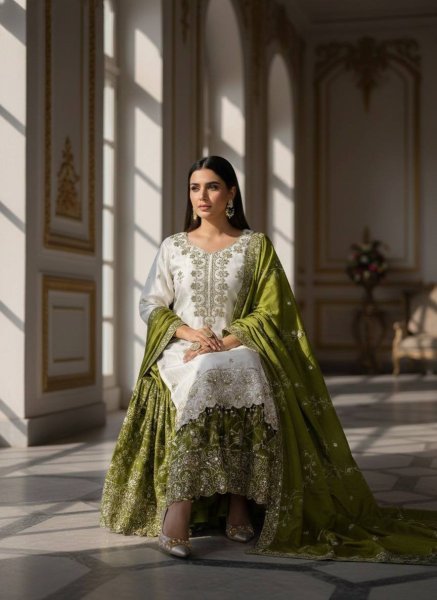 Trendy White Green Pakistani Pure Chinon Silk Embroidered Top Sharara Dupatta Set Ready To Wear Collection