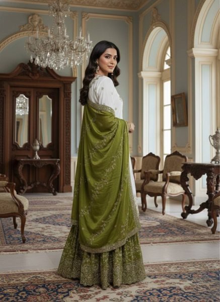 Trendy White Green Pakistani Pure Chinon Silk Embroidered Top Sharara Dupatta Set Ready To Wear Collection