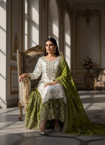 Trendy White Green Pakistani Pure Chinon Silk Embroidered Top Sharara Dupatta Set Ready To Wear Collection