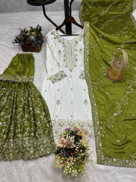 Trendy White Green Pakistani Pure Chinon Silk Embroidered Top Sharara Dupatta Set Ready To Wear Collection