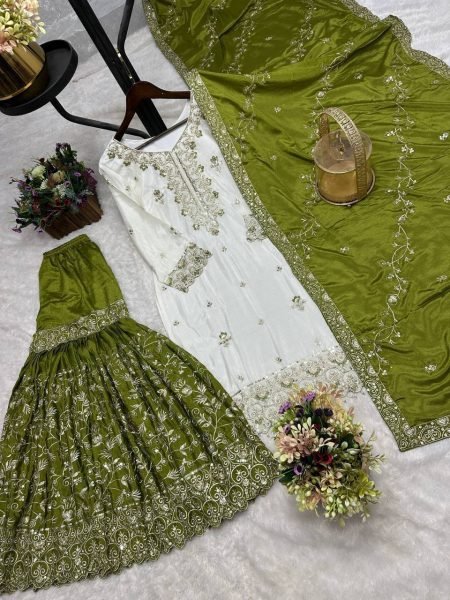 Trendy White Green Pakistani Pure Chinon Silk Embroidered Top Sharara Dupatta Set Ready To Wear Collection