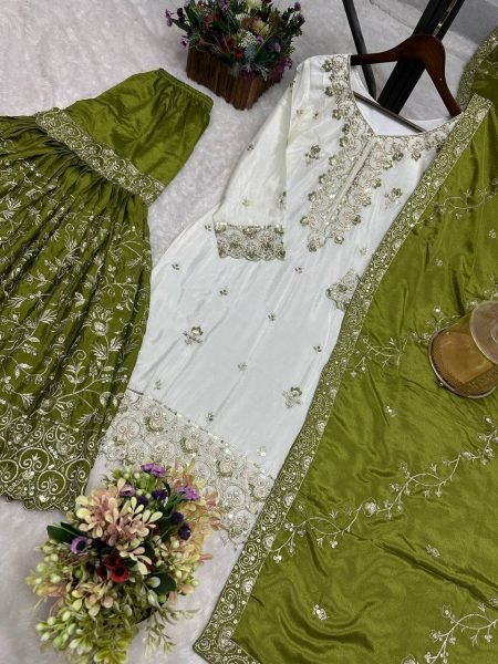 Trendy White Green Pakistani Pure Chinon Silk Embroidered Top Sharara Dupatta Set Ready To Wear Collection