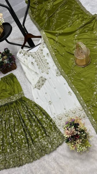 Trendy White Green Pakistani Pure Chinon Silk Embroidered Top Sharara Dupatta Set Ready To Wear Collection