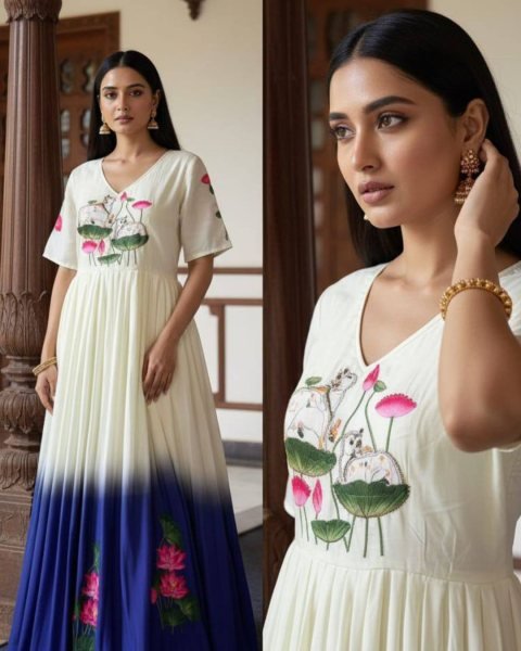 Trendy White Maslin South Print Gown with Khatli Work for Special Occasions 