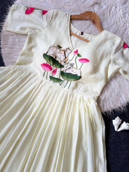 Trendy White Maslin South Print Gown with Khatli Work for Special Occasions Anarkali Kurtis 