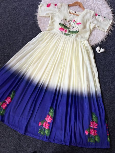 Trendy White Maslin South Print Gown with Khatli Work for Special Occasions Anarkali Kurtis 