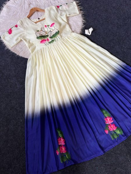 Trendy White Maslin South Print Gown with Khatli Work for Special Occasions Anarkali Kurtis 