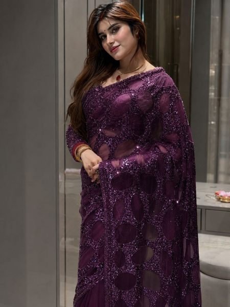 Trendy Wine Heavy Butterfly Net Designer Saree with Embroidered Blouse for Luxury Events 