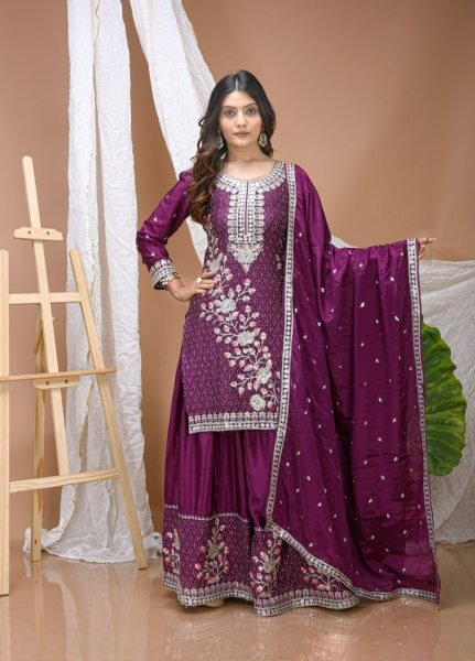 Trendy Wine Purple Ready To wear Chinon Sequence Embroidery And Multi Thread Work Sharara Suit Set with Dupatta Ready To Wear Collection
