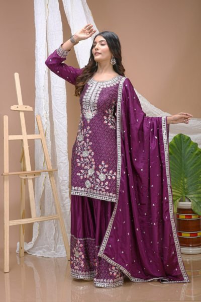 Trendy Wine Purple Ready To wear Chinon Sequence Embroidery And Multi Thread Work Sharara Suit Set with Dupatta Ready To Wear Collection