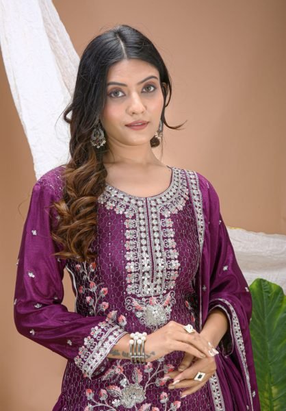 Trendy Wine Purple Ready To wear Chinon Sequence Embroidery And Multi Thread Work Sharara Suit Set with Dupatta Ready To Wear Collection