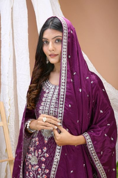 Trendy Wine Purple Ready To wear Chinon Sequence Embroidery And Multi Thread Work Sharara Suit Set with Dupatta Ready To Wear Collection