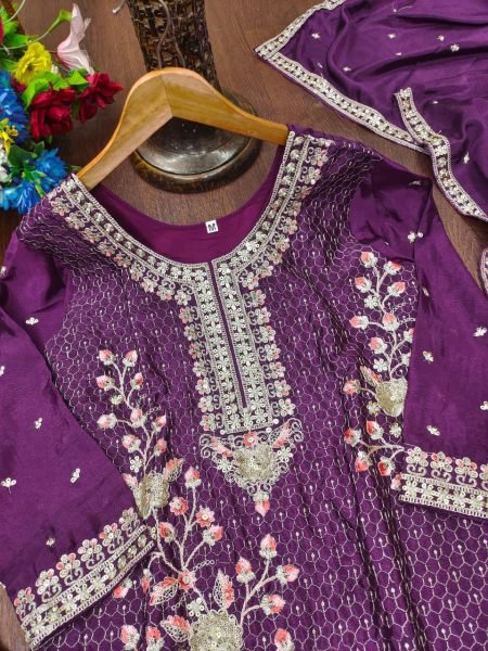 Trendy Wine Purple Ready To wear Chinon Sequence Embroidery And Multi Thread Work Sharara Suit Set with Dupatta Ready To Wear Collection