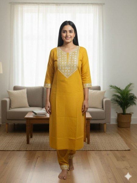 Trendy Yellow  Embroidered Cotton Kurti With Pant At Wholesale rate  Kurti With Bottom Wholesale