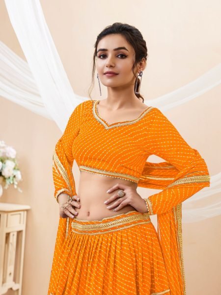 Trendy Yellow Georgette Leheriya Lehenga Set with Gota Lace Work for Haldi Function Wholesale Buyers Designer Lehenga Choli