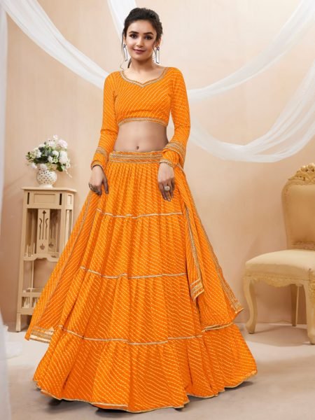 Trendy Yellow Georgette Leheriya Lehenga Set with Gota Lace Work for Haldi Function Wholesale Buyers Designer Lehenga Choli