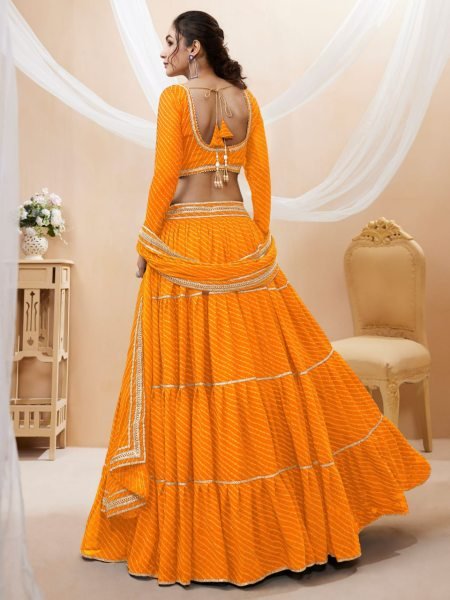 Trendy Yellow Georgette Leheriya Lehenga Set with Gota Lace Work for Haldi Function Wholesale Buyers Designer Lehenga Choli