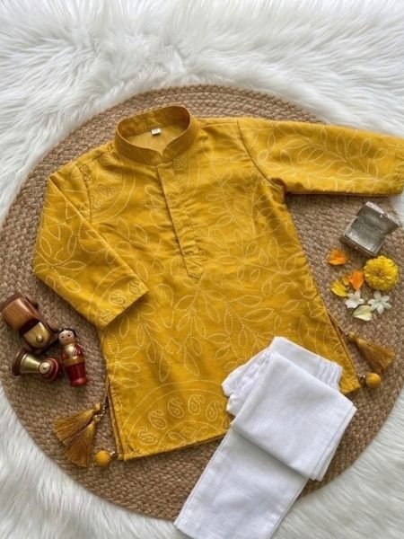 Trendy Yellow Premium Crepe Gajji Silk Ajrakh Kurta Set for Boys 