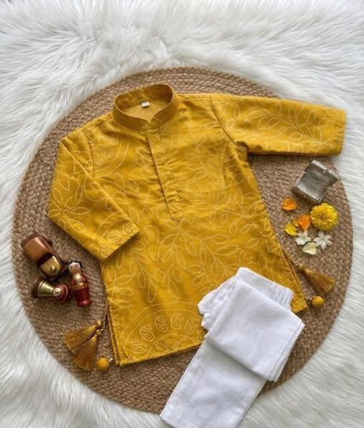 Trendy Yellow Premium Crepe Gajji Silk Ajrakh Kurta Set for Boys Boys Wear