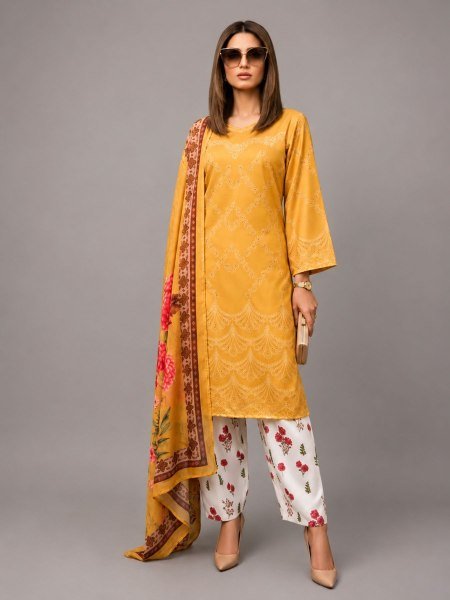 Trendy Yellow Satin Kurti with Palazzo and Designer Chinnon Silk Dupatta 