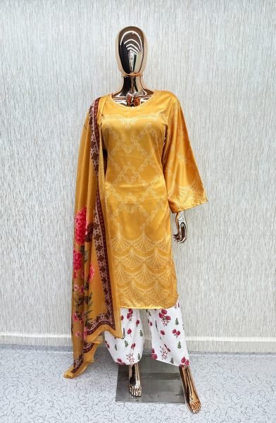 Trendy Yellow Satin Kurti with Palazzo and Designer Chinnon Silk Dupatta Pakistani Suits Wholesale