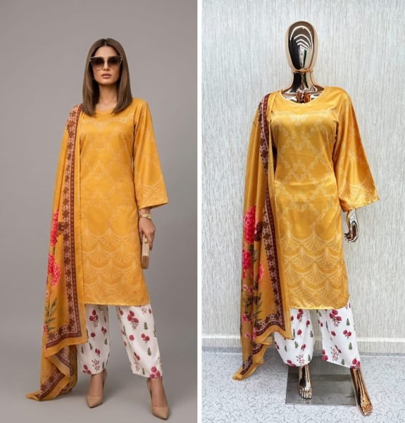 Trendy Yellow Satin Kurti with Palazzo and Designer Chinnon Silk Dupatta Pakistani Suits Wholesale