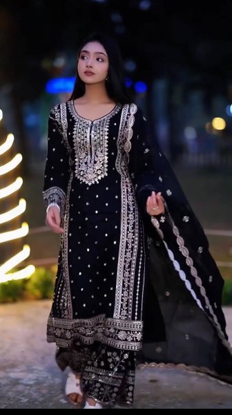 Trusted Manufacturer Black Heavy Fox Georgette Suit Set With Embroidered Dupatta Ready To Wear Collection